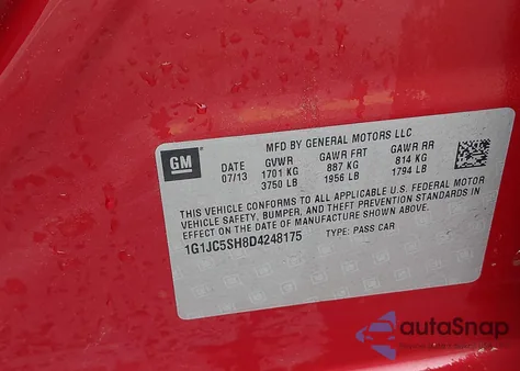 2013 Chevrolet Sonic Lt Auto from USA, damaged, VIN 1G1JC5SH8D4248175